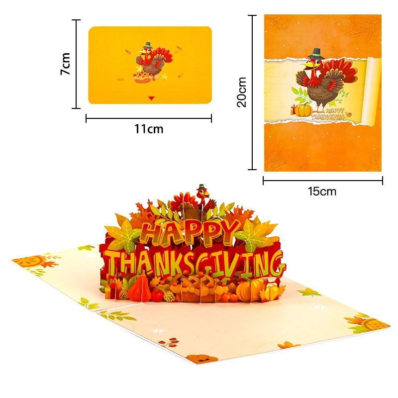 3D pop-up Thanksgiving card featuring turkey pumpkins and autumn leaves