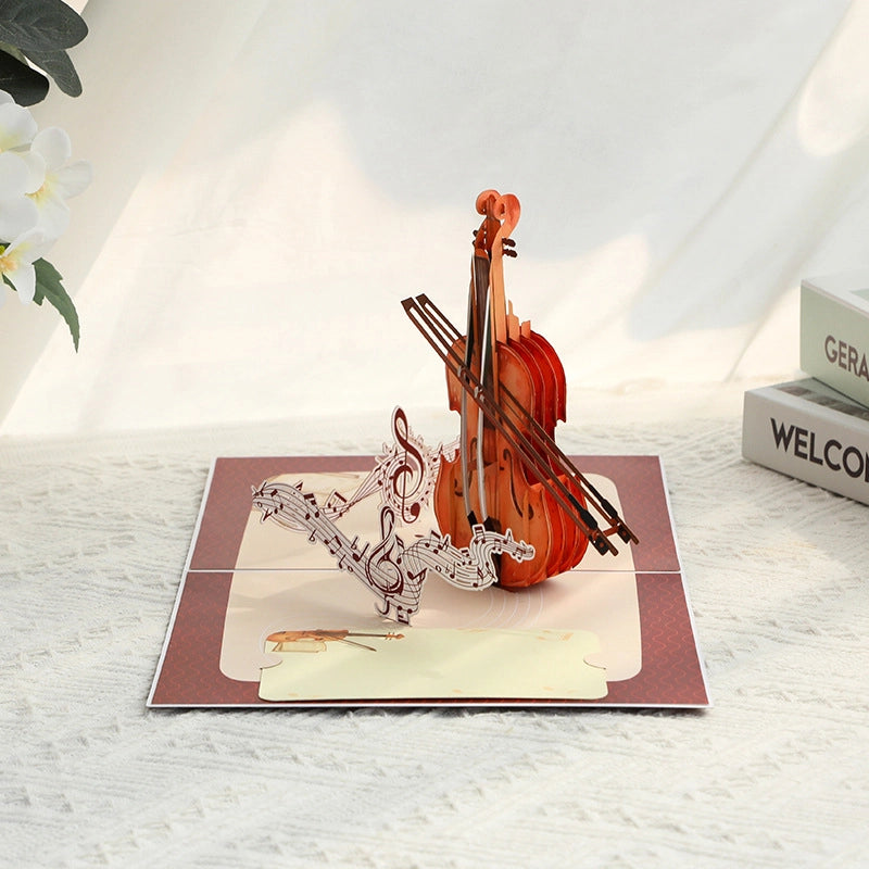 Open 3D violin greeting card with a realistic violin and musical notes pop-up design