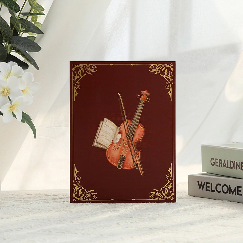 Elegant burgundy violin greeting card with vintage musical instrument design