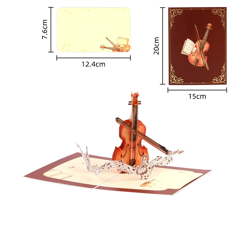 3D violin pop-up greeting card with 15 x 20 cm card size and message insert