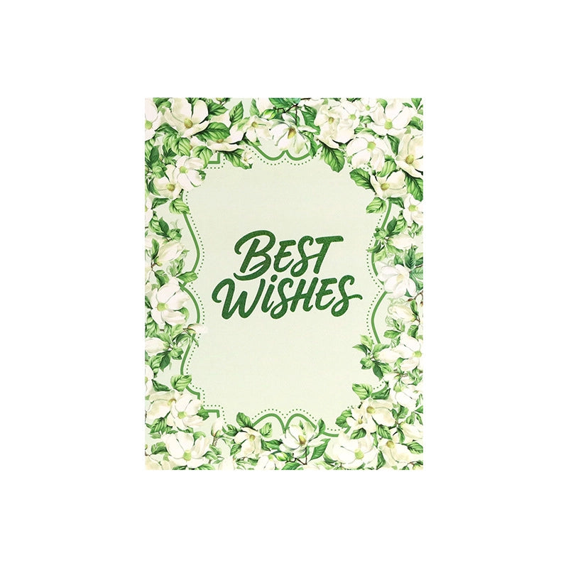 Elegant greeting card cover with white floral border and green Best Wishes calligraphy text
