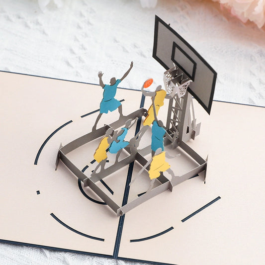 Open 3D basketball greeting card showing basketball players on court