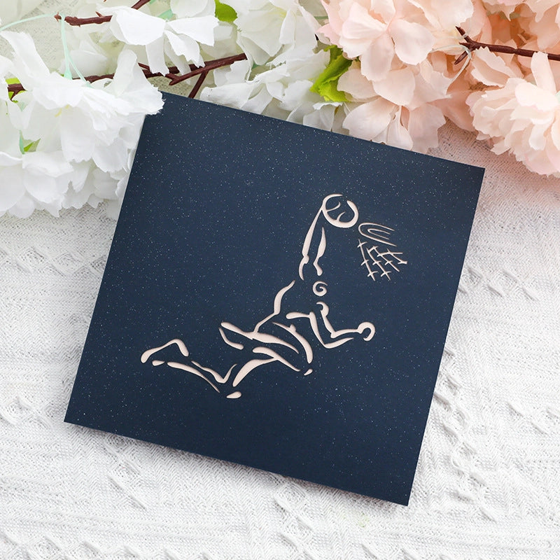 Closed navy blue basketball pop-up greeting card