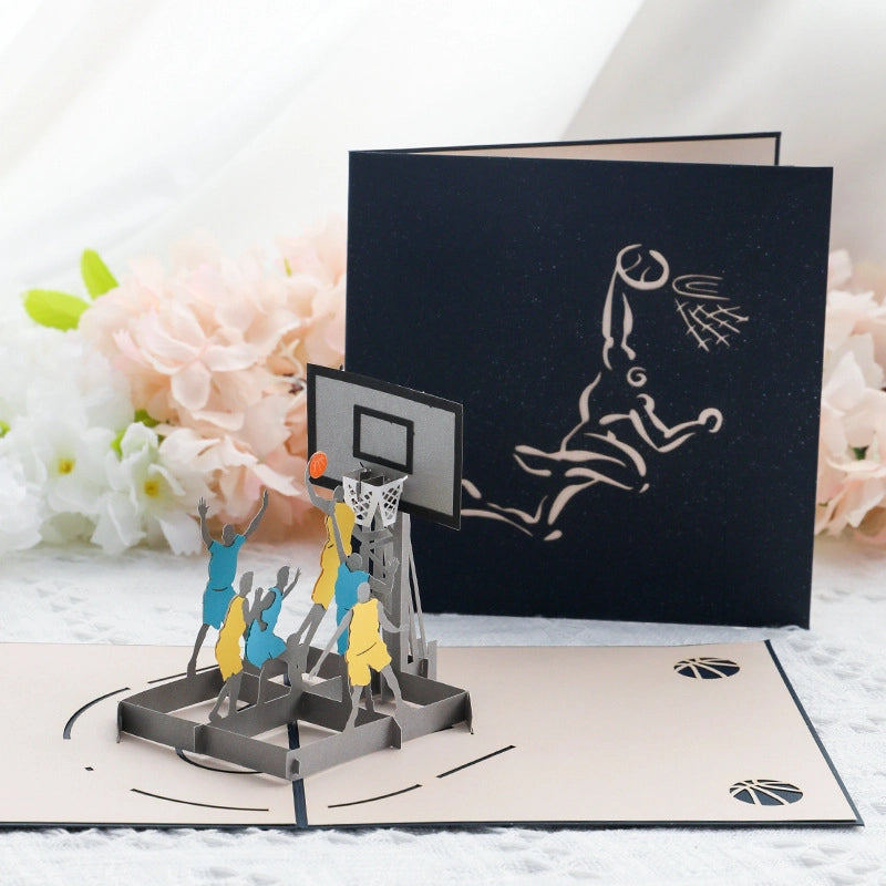 3D basketball pop-up card displayed open with basketball court scene