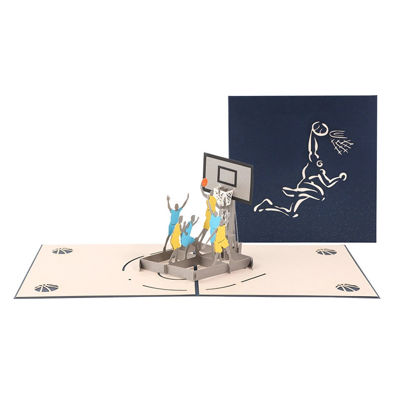Basketball themed 3D pop-up greeting card front and open view