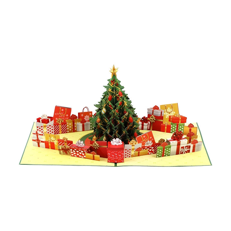 Open 3D Christmas tree greeting card with colorful presents