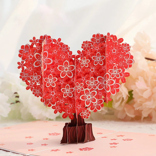 3D red heart tree pop-up card with floral design