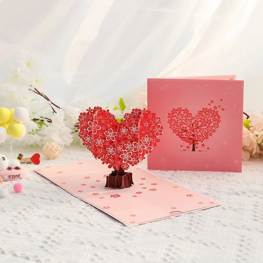 Romantic 3D heart tree greeting card opened with red flowers