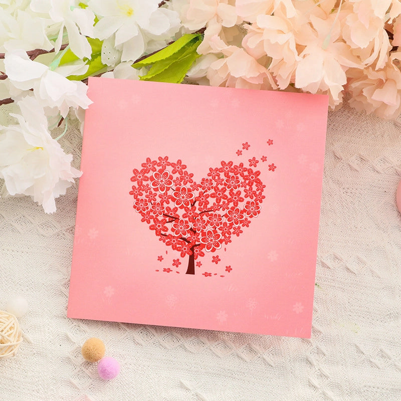 Pink heart tree pop-up card cover with floral heart design