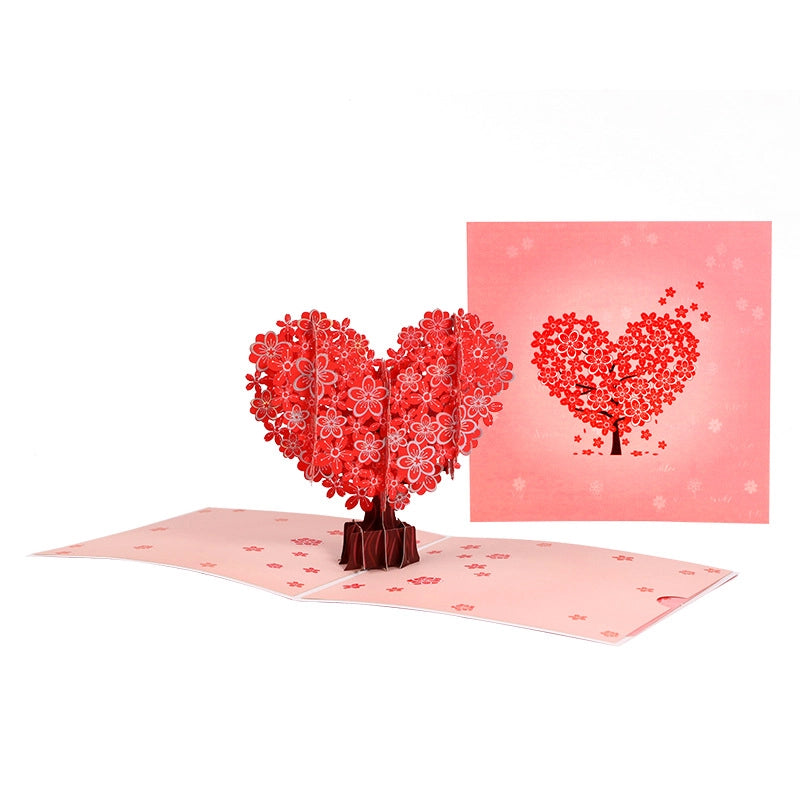 3D heart tree love pop-up greeting card front and open view