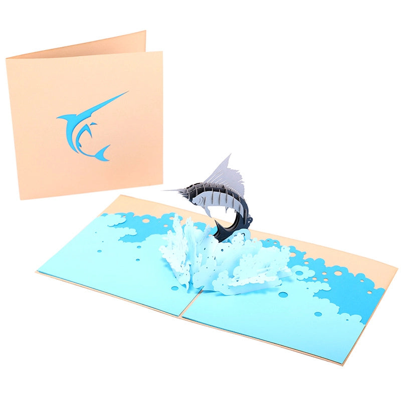 3D marlin pop-up card featuring a jumping marlin and ocean waves