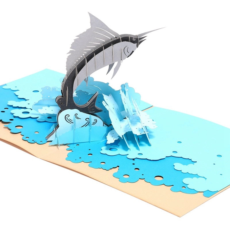 Detailed 3D marlin fishing pop-up card viewed from the side