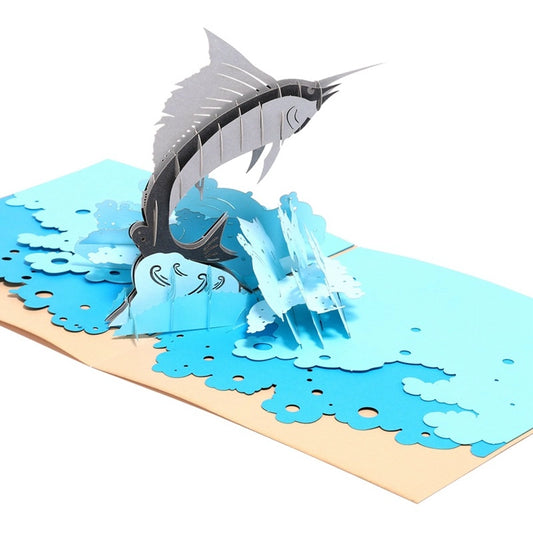 Detailed 3D marlin fishing pop-up card viewed from the side