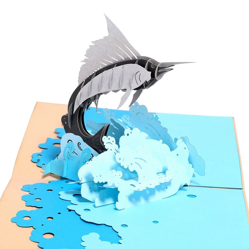 3D ocean pop-up card with marlin jumping through waves