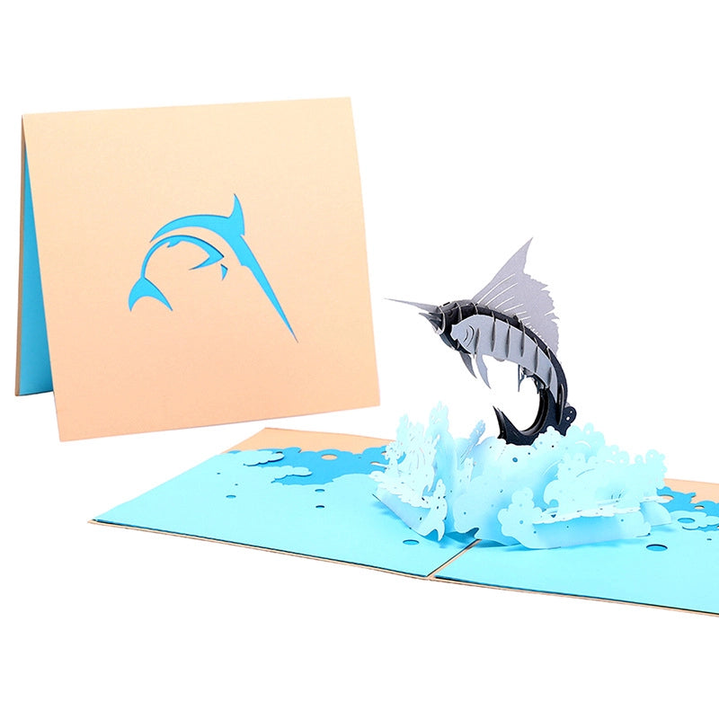 Marlin 3D pop-up greeting card with ocean wave design