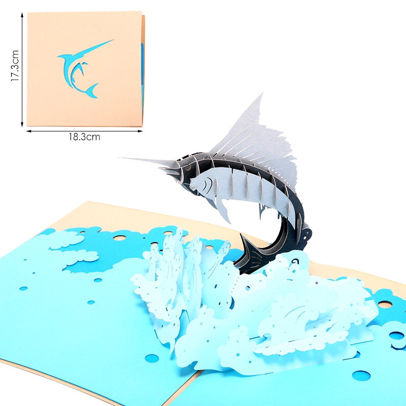 3D marlin pop-up card dimensions and fishing design