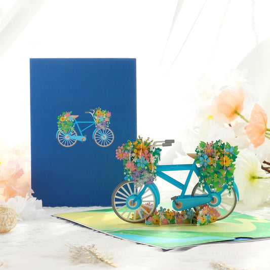 3D pop-up bicycle flower greeting card opened