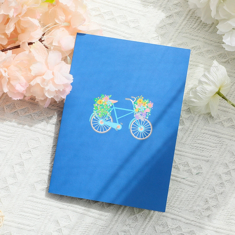 Blue bicycle flower pop-up card front view