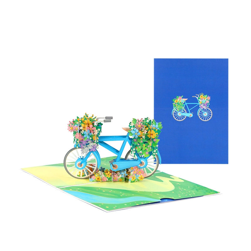 3D pop-up bicycle greeting card with colorful flowers