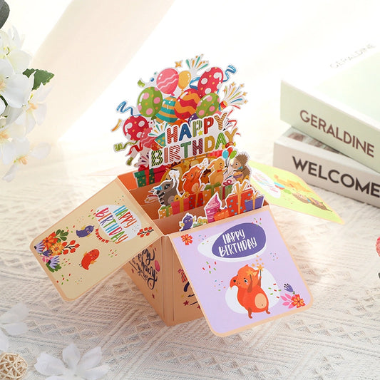 3D pop-up birthday box card with colorful balloons gifts and cute animals