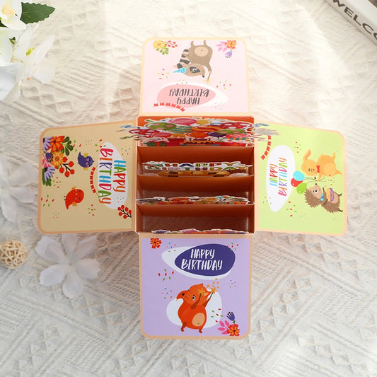 Open 3D birthday pop-up card showing colorful birthday decorations and animal characters