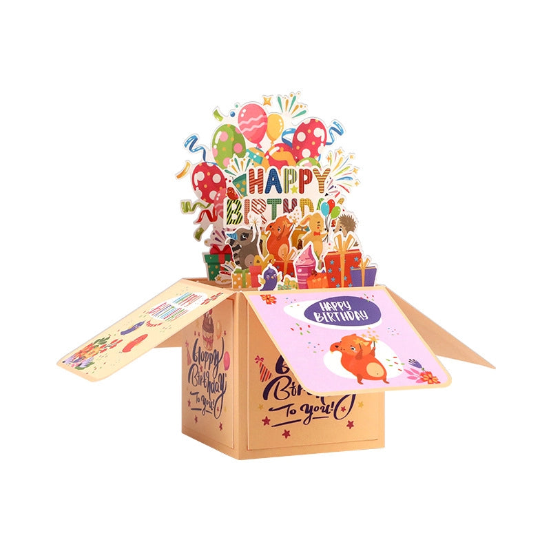 Unique 3D birthday box greeting card with balloons presents and cute animals
