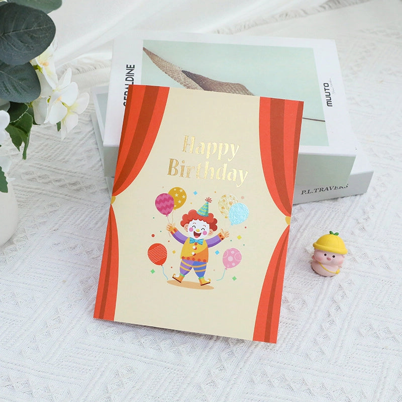 colorful happy birthday card with 3D clown and balloons