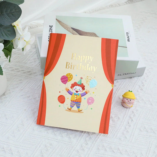 colorful happy birthday card with 3D clown and balloons