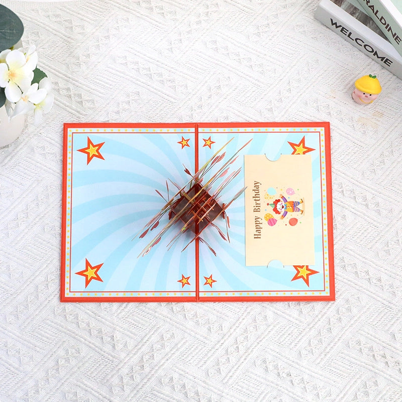 open 3D pop-up birthday greeting card with colorful party design