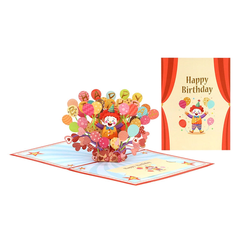 colorful 3D birthday pop-up card featuring clown and balloons