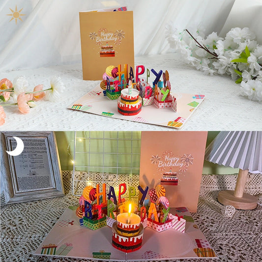 3D pop up birthday card with colorful happy birthday lettering and cake