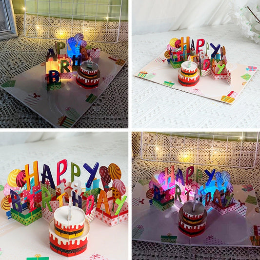 Colorful 3D birthday greeting card with presents and birthday cake