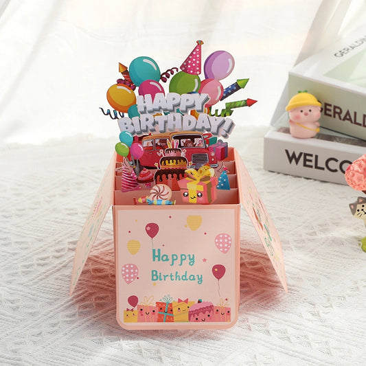 3D pop-up birthday card with balloons cake gifts and Happy Birthday message