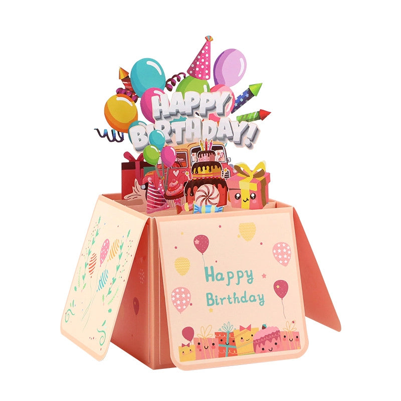 Pink 3D pop-up birthday greeting card with gifts balloons and cake