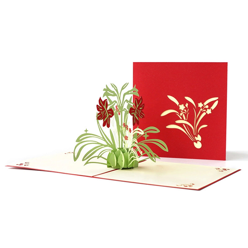 3D Pop-Up Flower Card with elegant red and green floral bouquet