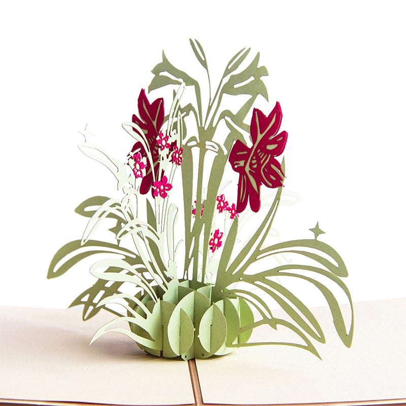 Close-up of layered 3D paper flower bouquet inside greeting card