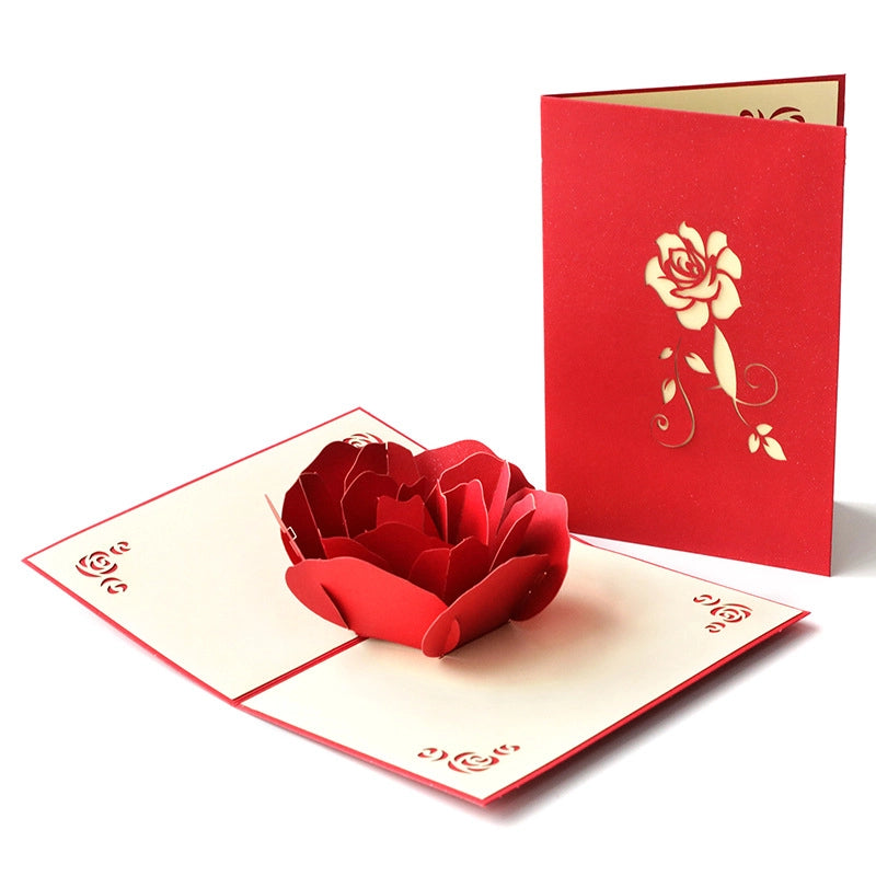 3D pop up red rose greeting card opened