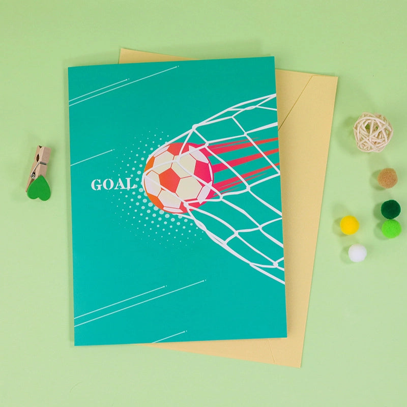 Soccer pop-up card front cover with football goal design