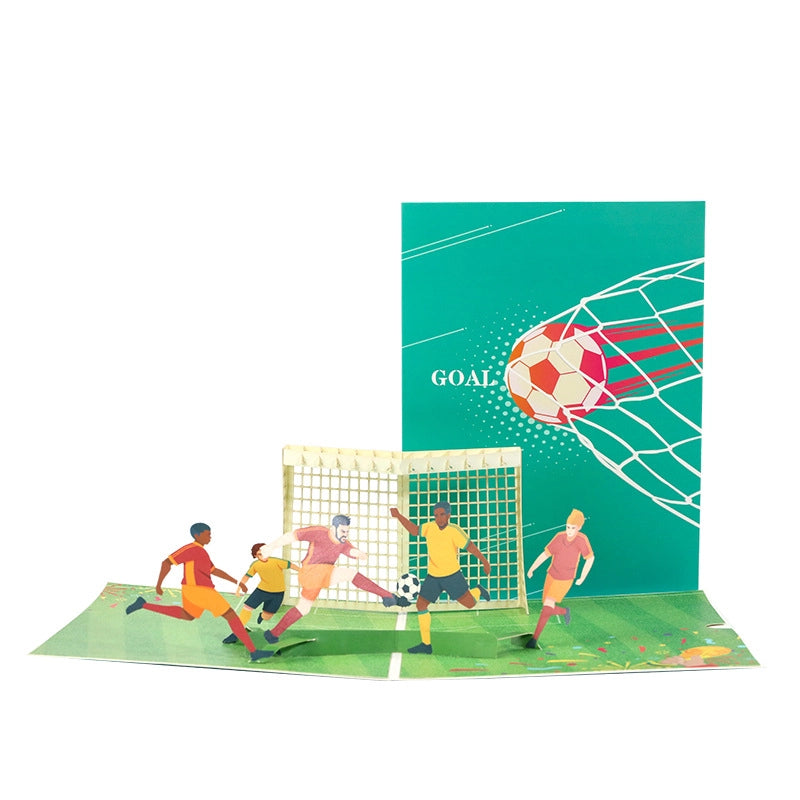 3D pop-up soccer card opened with players and goal