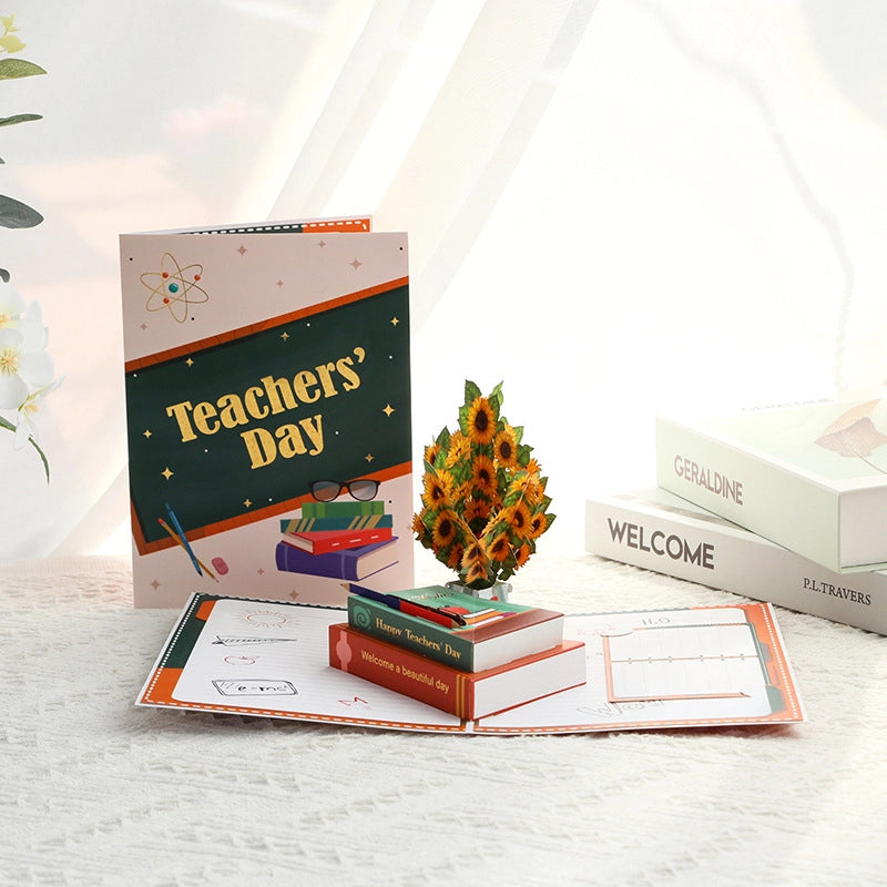 3D Pop-Up Teacher's Day Card with sunflower bouquet and books