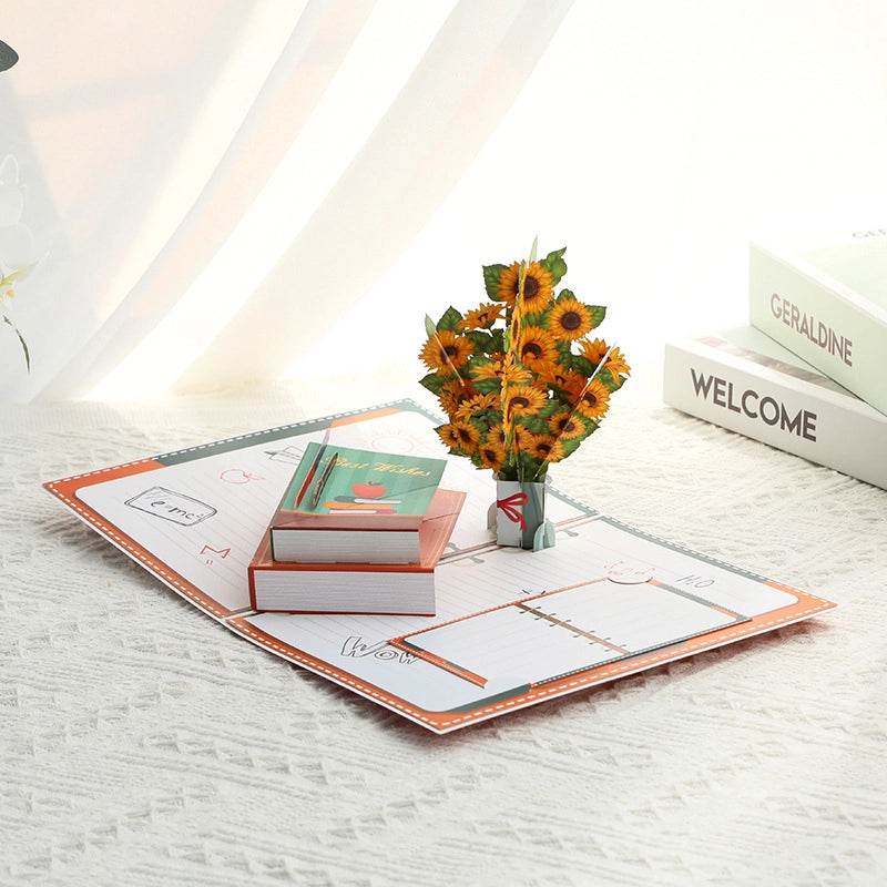 3D Teacher's Day greeting card displayed with sunflower paper bouquet