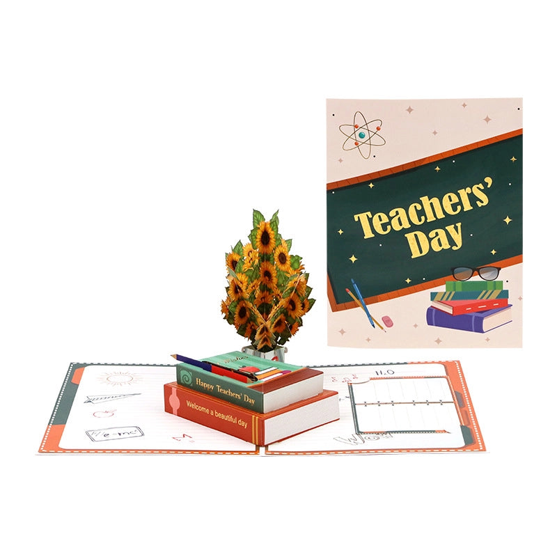 Teacher's Day 3D Pop-Up Card with sunflower bouquet, books, and greeting panel