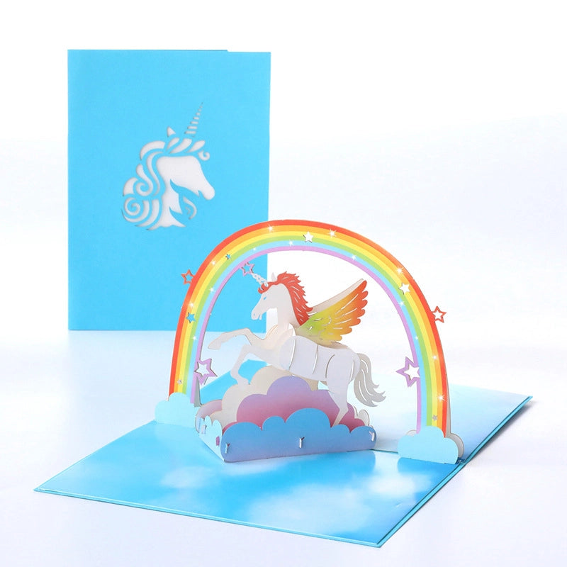 3D unicorn rainbow pop up birthday card opened