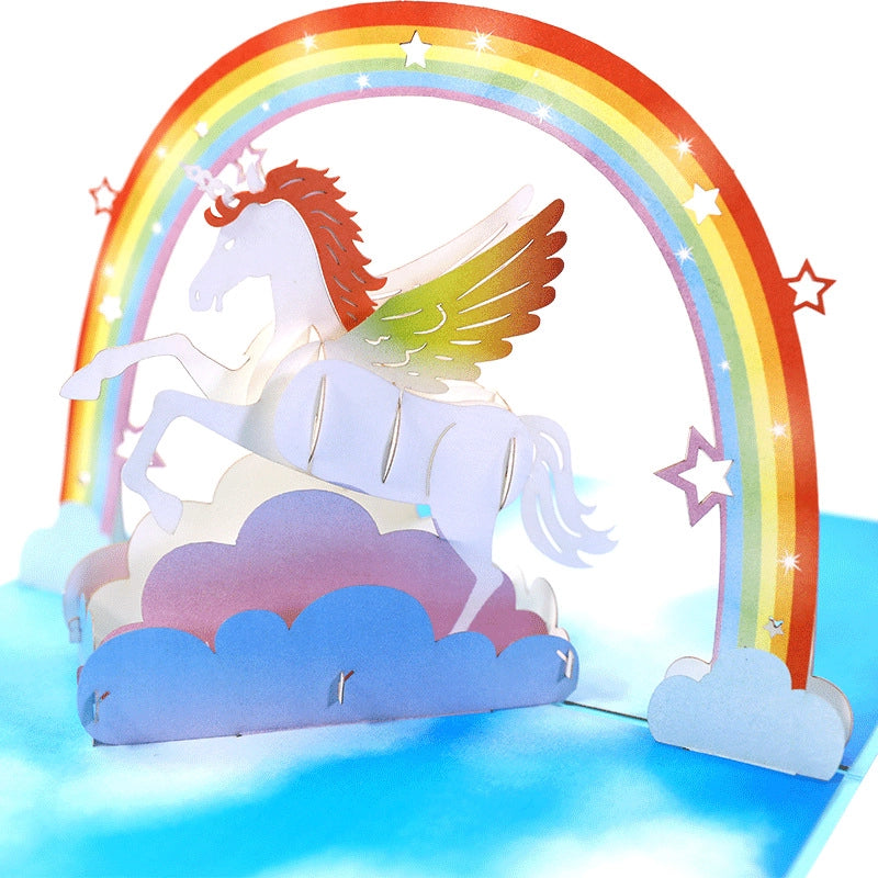 Detailed 3D unicorn rainbow birthday card design