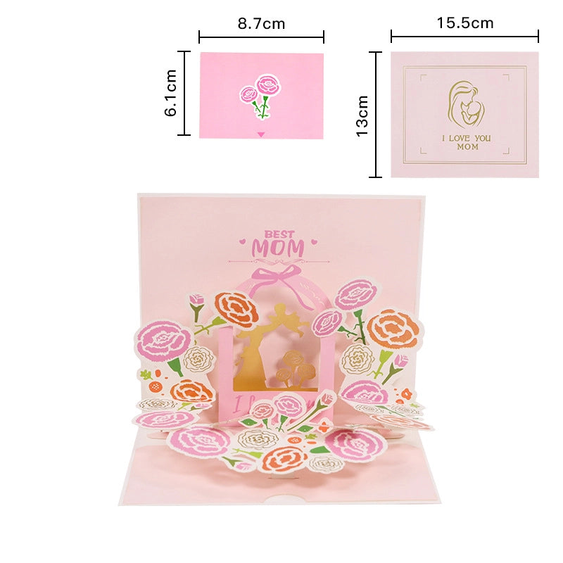 Size diagram of the Best Mom 3D card showing dimensions 15.5cm x 13cm closed and envelope size 8.7cm x 6.1cm

