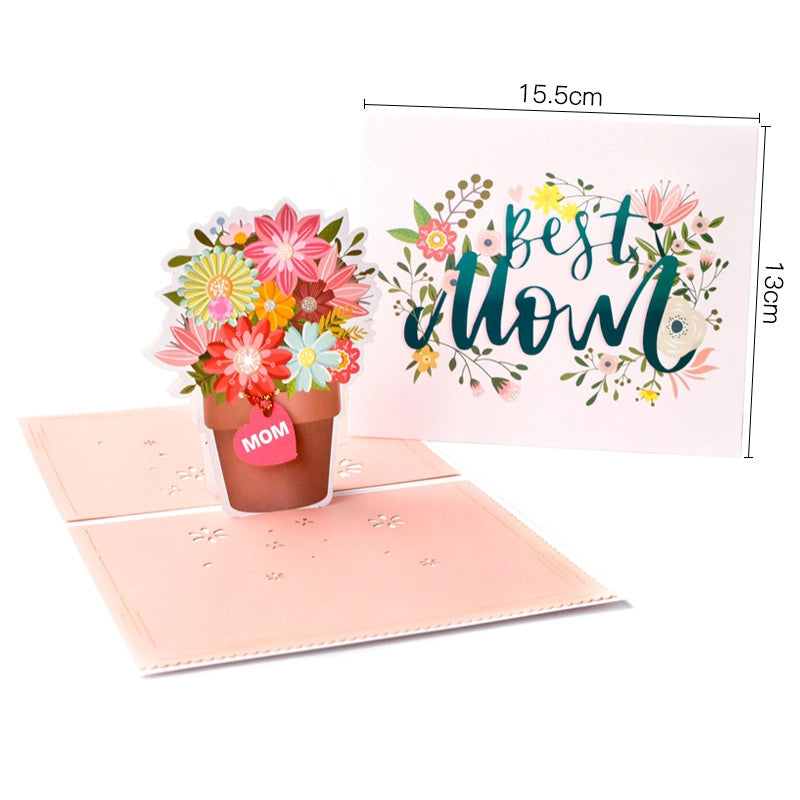 Dimensions of Best Mom pop-up card measuring 15.5cm by 13cm showing size reference for the flower pot design
