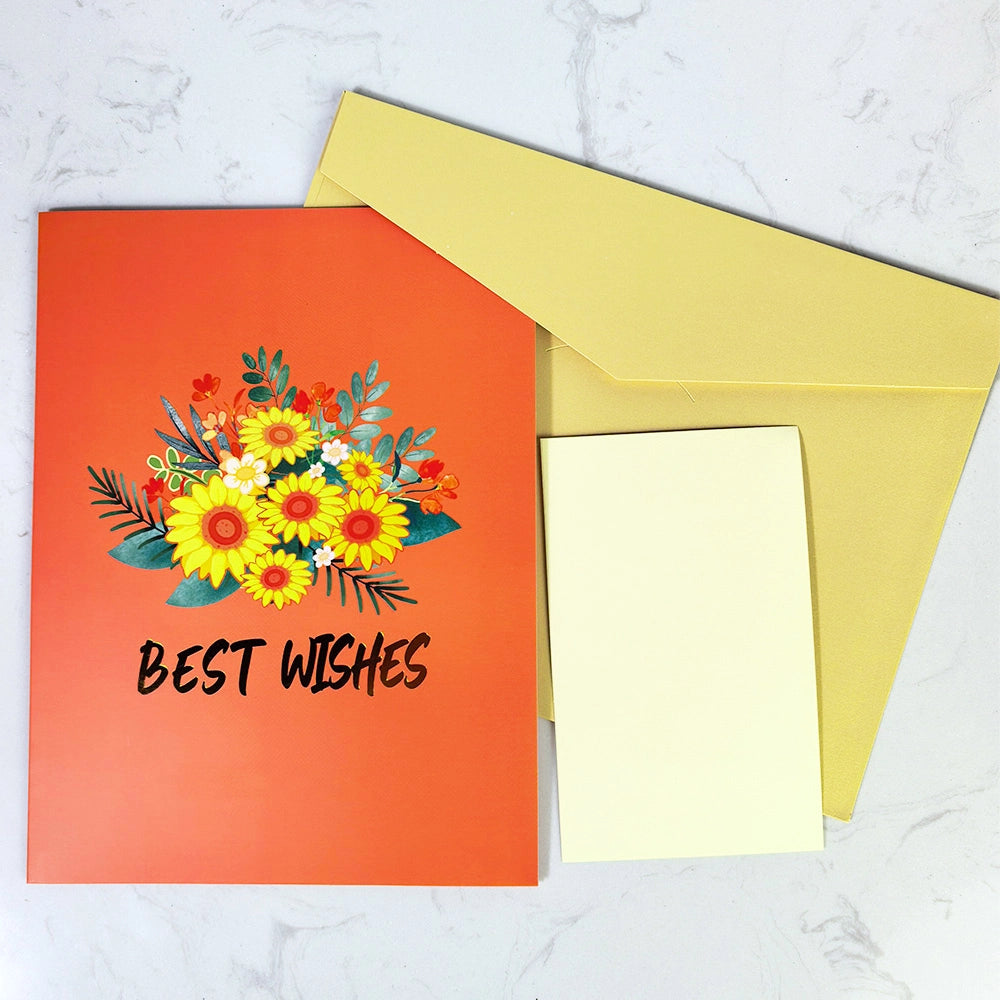 3D pop-up floral Best Wishes greeting card with yellow envelope