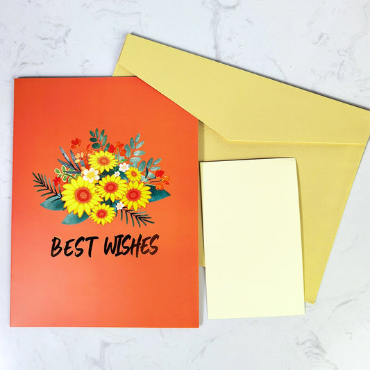 3D pop-up floral Best Wishes greeting card with yellow envelope