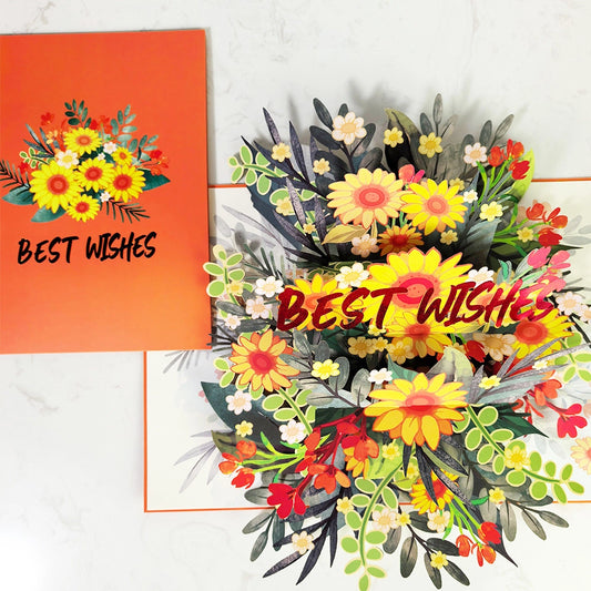Colorful 3D pop-up floral bouquet greeting card with Best Wishes message