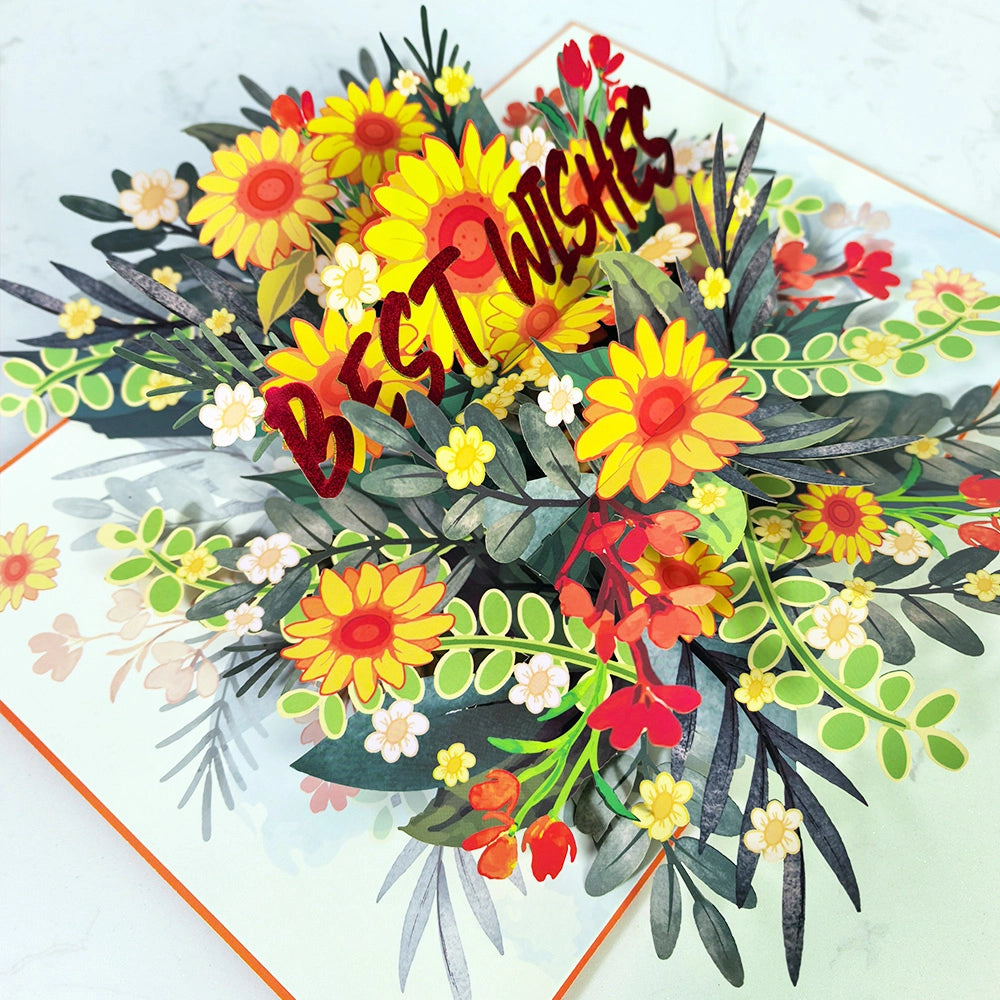 Detailed colorful flower bouquet on a 3D pop-up greeting card